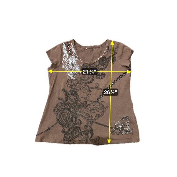 Brown Short-Sleeve V-Neck Graphic Tee Studded Lace-Up Detail - Picture 7 of 9